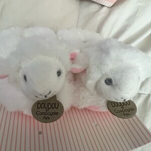 Doudou et Compagnie - White/Pink Bunny Booties With Rattles NIB